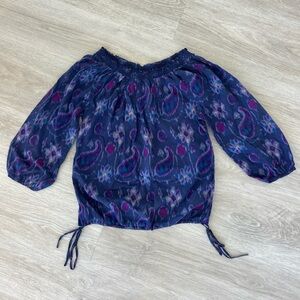 Lucky Brand women’s ikat Print 3/4 Sleeve Cotton Top Small Drop Shoulder Boho